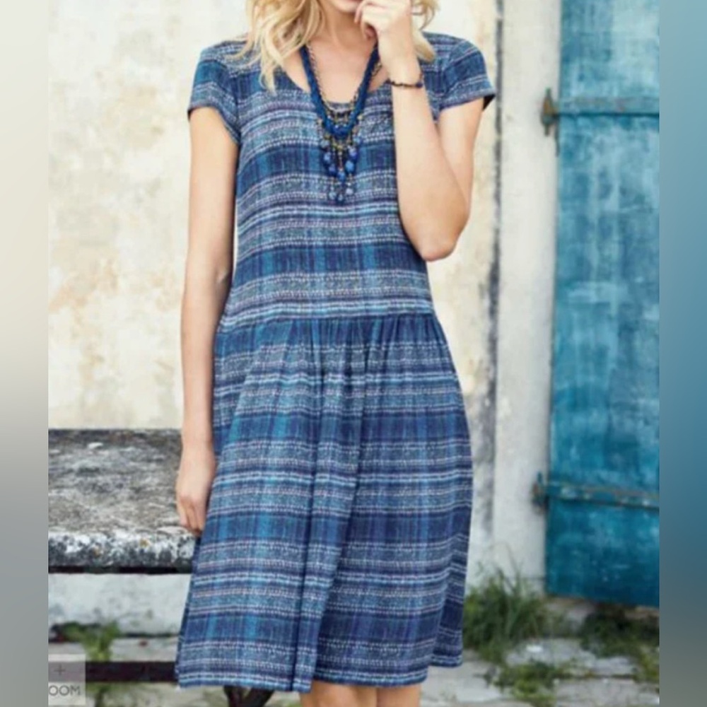 Peruvian Connection Mykonos Dress Blue Knit Plaid Midi WITH POCKETS